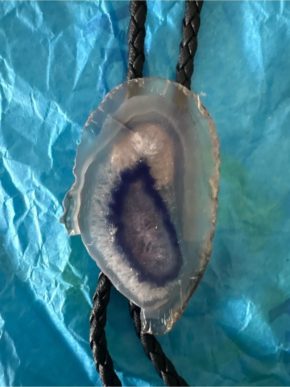 Handmade Blue Agate Slice Pendant Necklace - Bolo Tie